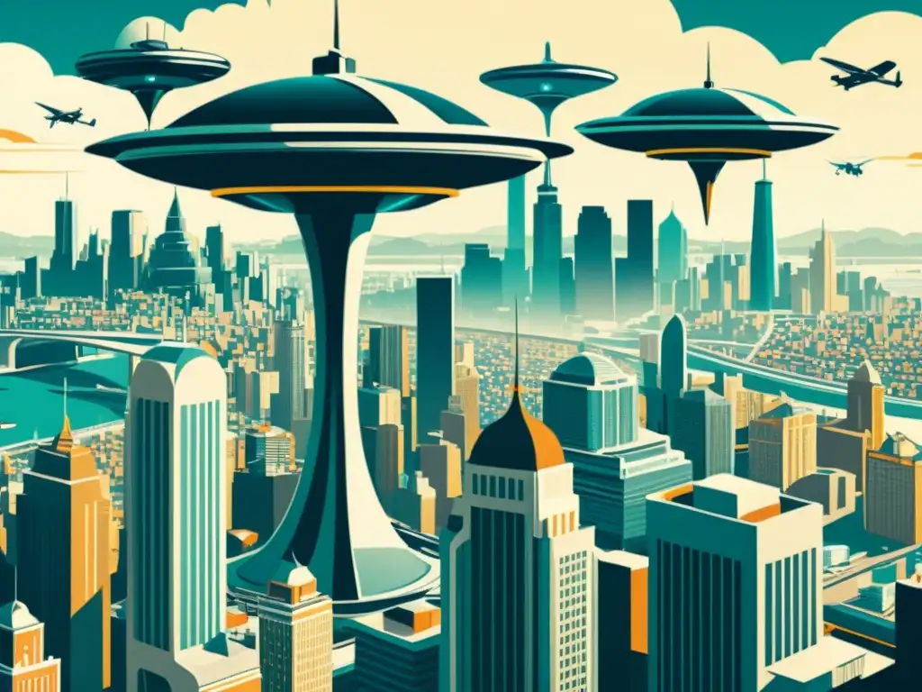 Una ilustración vintage de la bulliciosa historia de la ciudad con vehículos aéreos personales futuristas evocando innovación y progreso