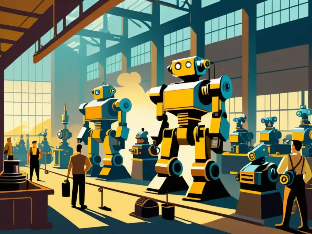 Robots de la Revolución Industrial: Trabajo en la fábrica Una ilustración vintage de una bulliciosa fábrica con robots de vapor y trabajadores humanos, mostrando el impacto de la robótica en el empleo