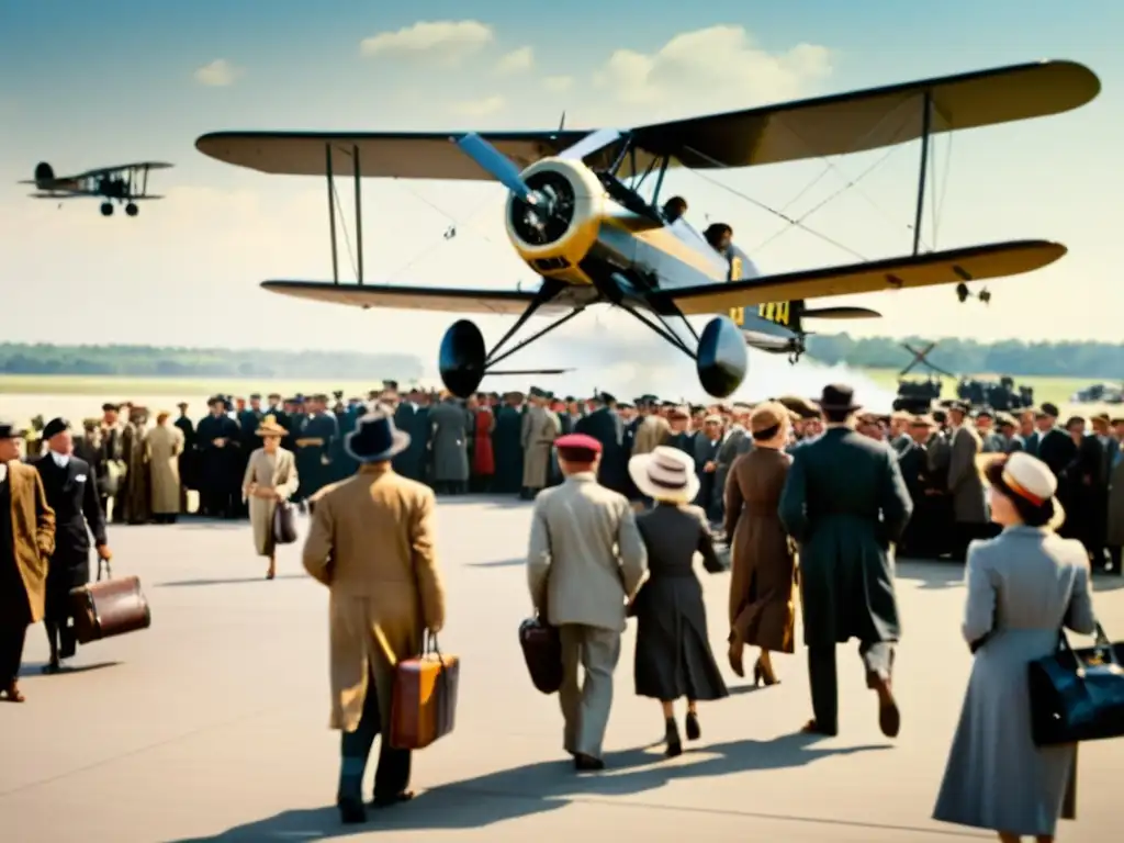 Una fotografía sepia de un bullicioso aeropuerto del siglo XX, capturando la emoción y la importancia de la aviación en la globalización