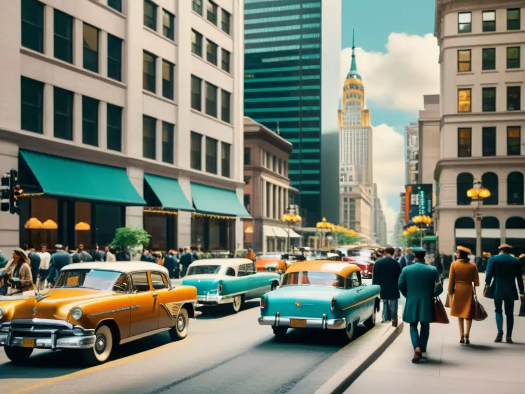 Un bullicioso distrito financiero con edificios históricos y modernos, gente caminando y autos vintage