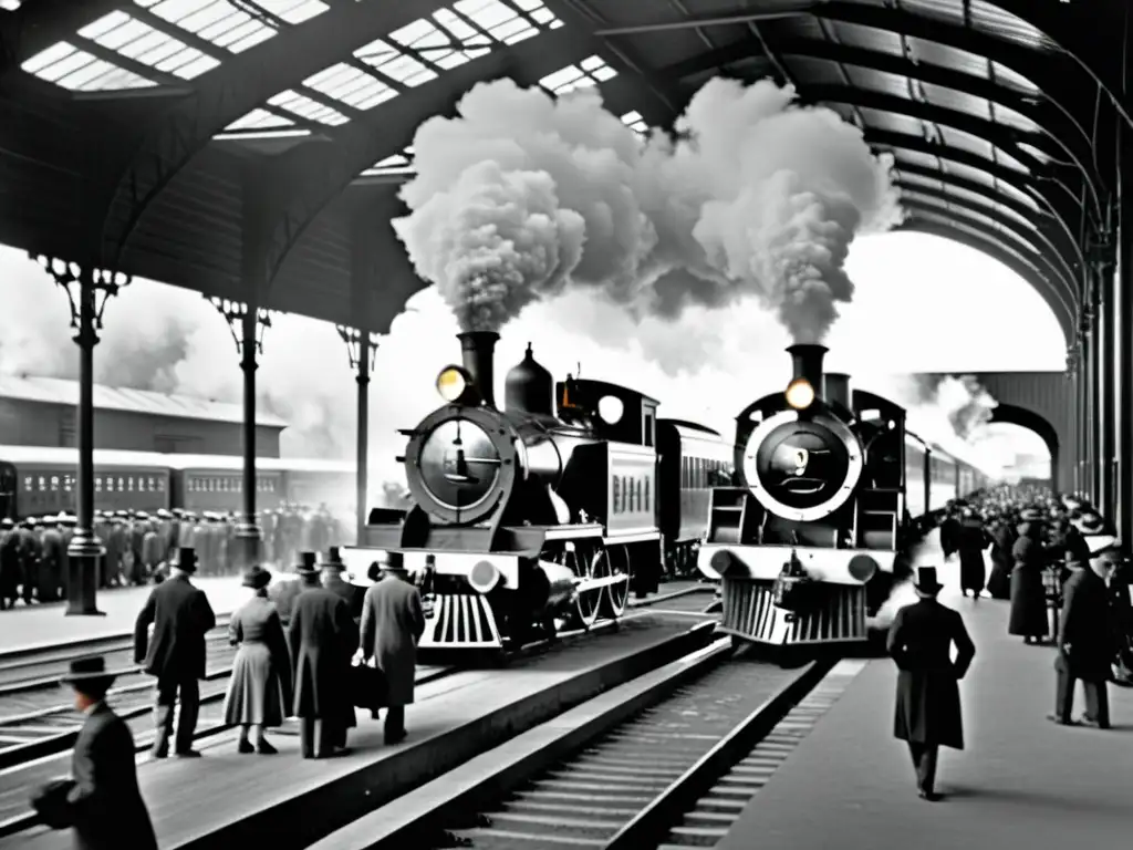 El bullicioso impacto del ferrocarril en mercados se refleja en esta imagen vintage en blanco y negro de una estación llena de actividad de trenes de vapor y pasajeros