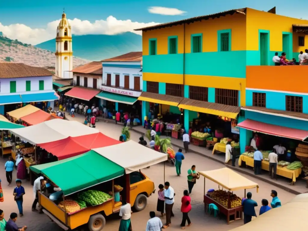 Un bullicioso mercado en una ciudad latinoamericana con tecnología y colores vibrantes, fusionando tradición y modernidad