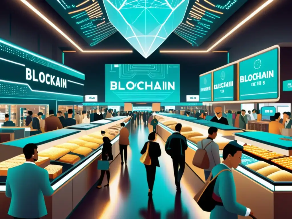 Un bullicioso mercado futurista con autenticación blockchain