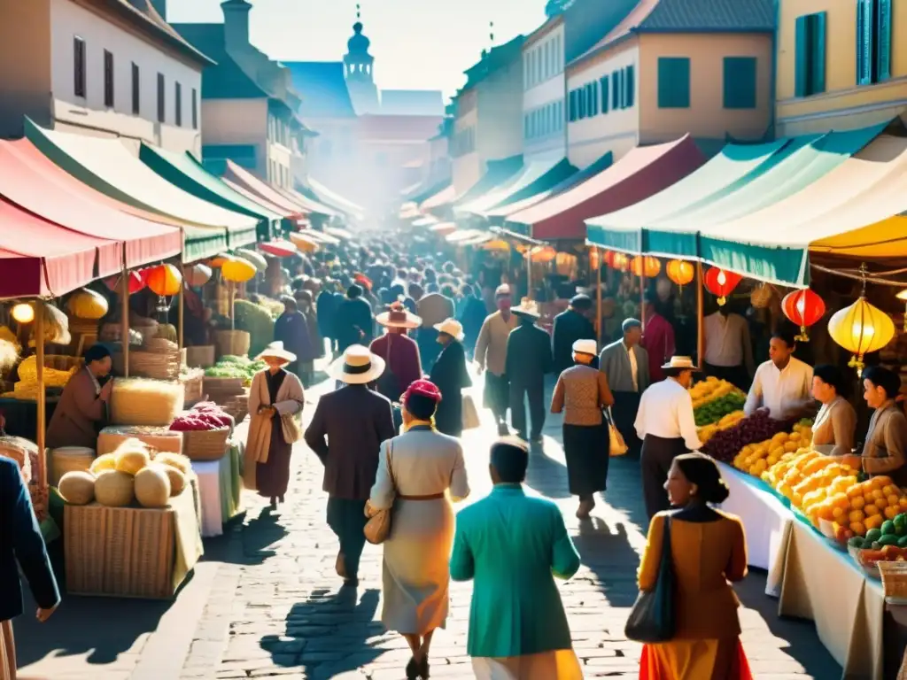 Un bullicioso mercado vintage con diversidad de personas y colores, reflejando aplicaciones insospechadas de blockchain