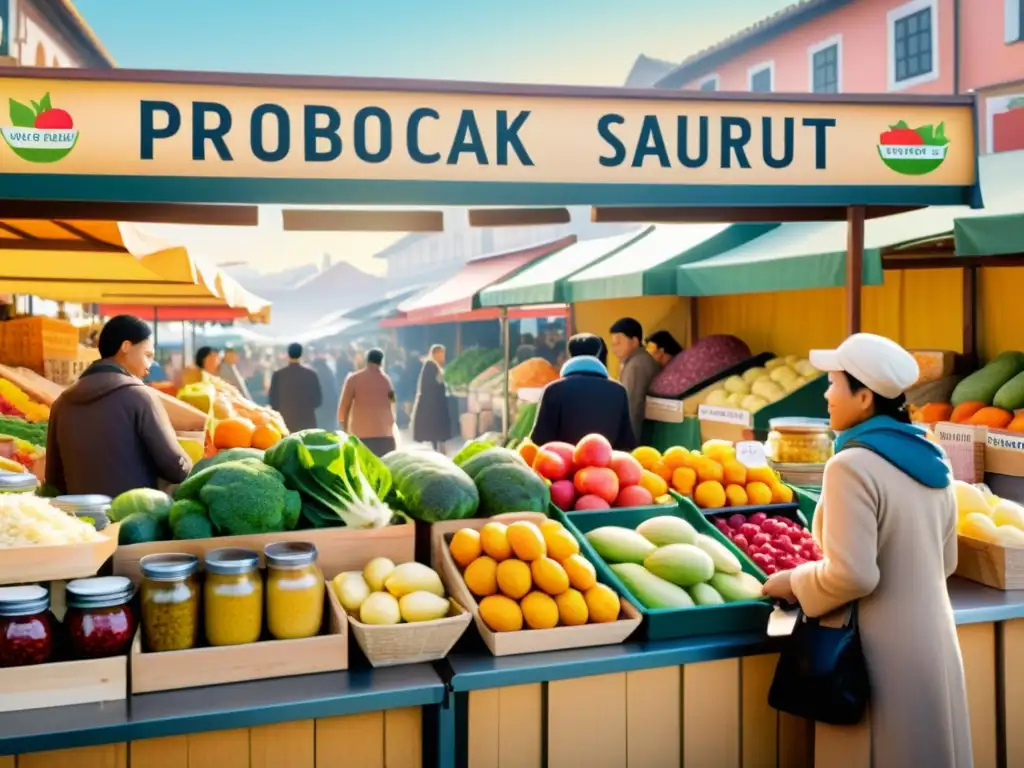 Un bullicioso mercado vintage ofrece frutas, verduras y lácteos