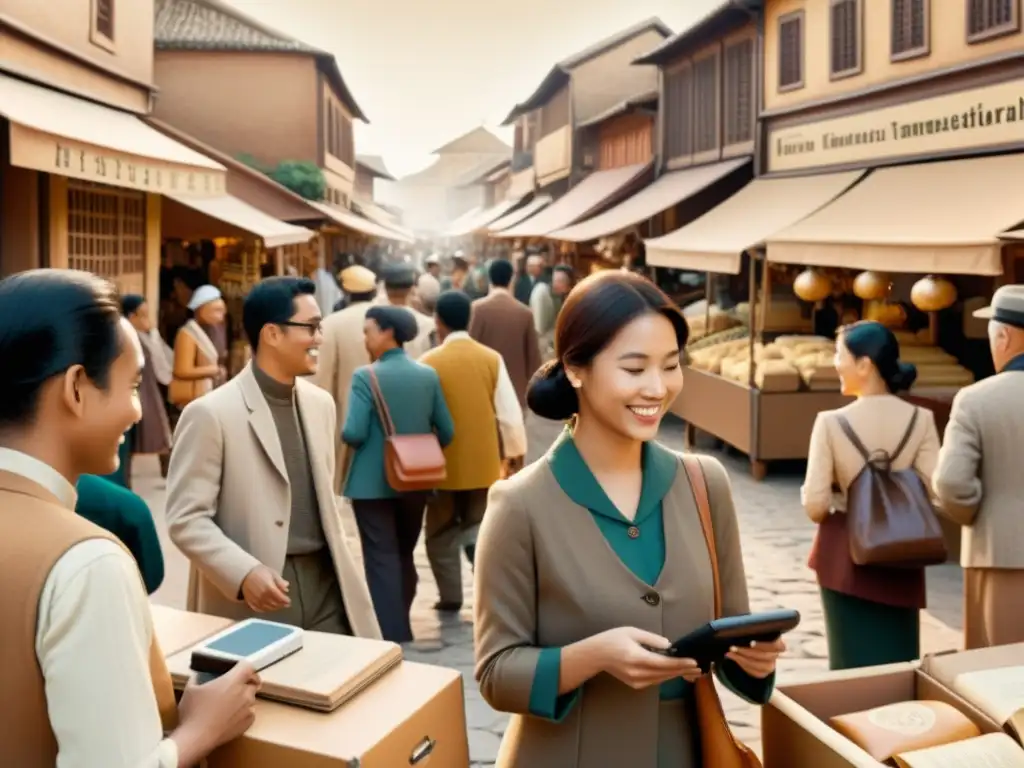 Un bullicioso mercado vintage con personas de diversas culturas conversando, destacándose un traductor portátil