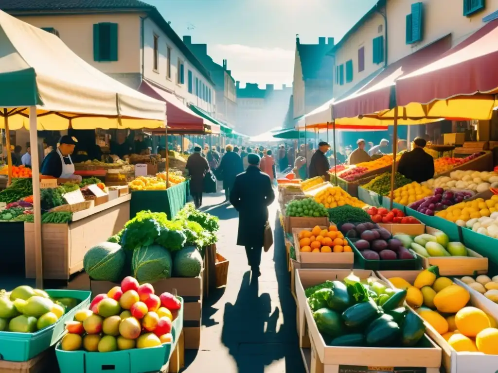 Un bullicioso mercado vintage con puestos de frutas y verduras, clientes y vendedores conversando