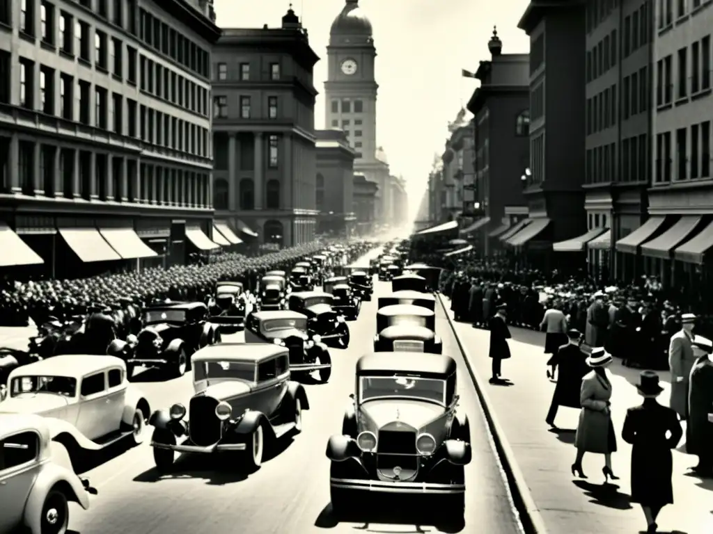 Un bullicioso paisaje urbano del siglo XX muestra el impacto global del automóvil en la historia, con autos clásicos y peatones bien vestidos