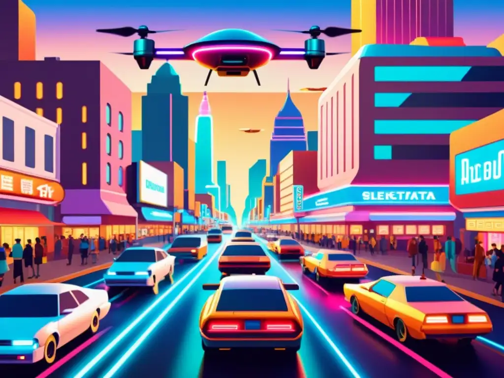 Un bullicioso paisaje urbano vintage con vehículos futuristas, drones y hologramas