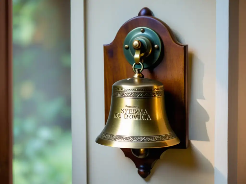 Un cálido ambiente nostálgico se crea alrededor de una antigua campana de latón montada en la pared, rodeada por un marco de madera ornamentado