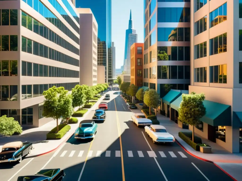 Una calle bulliciosa de Silicon Valley, con autos antiguos junto a edificios futuristas de startups tecnológicas triunfaron capital riesgo