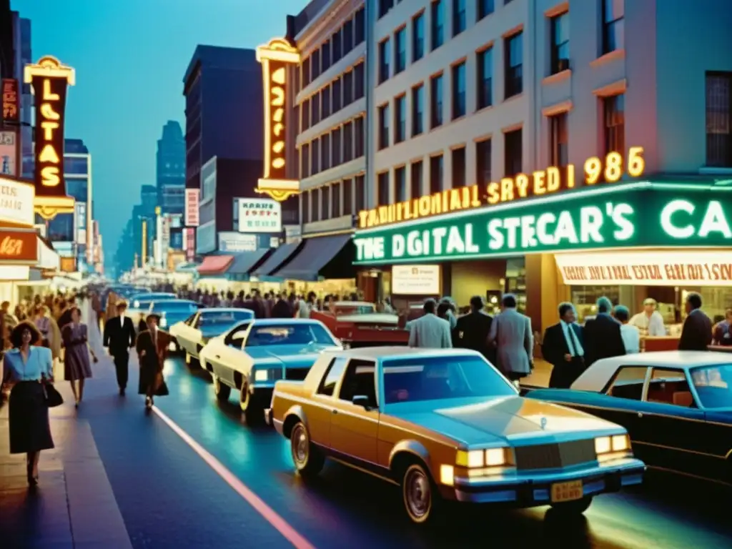 Una calle bulliciosa de la ciudad en los años 80, con autos clásicos y tiendas de computadoras, iluminada por letreros de neón