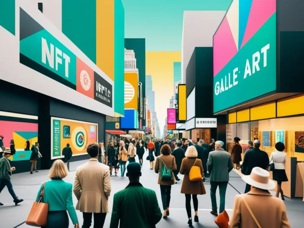 Una calle bulliciosa llena de galerías de arte contemporáneo y gente explorando NFTs, reflejando el impacto de los NFTs en la cultura contemporánea