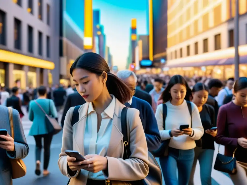 Una calle bulliciosa llena de gente de todas las edades y orígenes, cada uno absorto en sus smartphones mientras navegan por el paisaje urbano