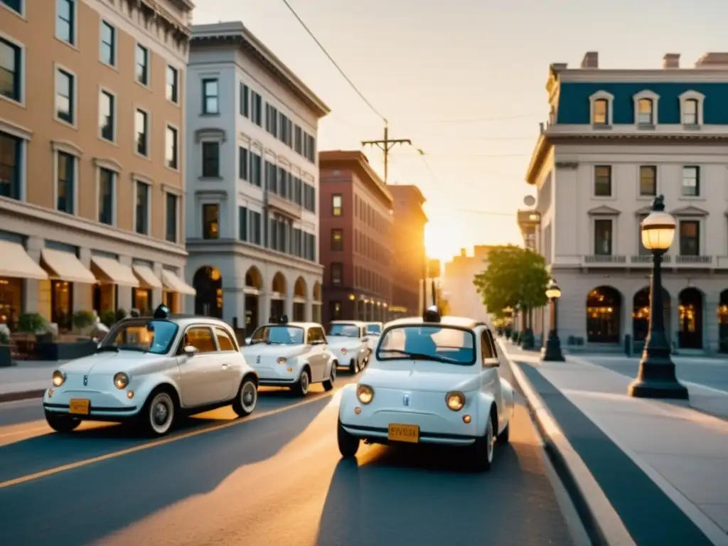 Una calle de ciudad vintage con autos eléctricos y estaciones de carga, creando un impacto vehículos eléctricos estabilidad energética