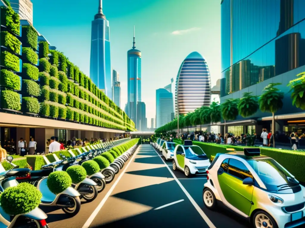 Una calle de la ciudad bulliciosa llena de coches inteligentes y bicicletas vintage, con rascacielos futuristas que emiten energía verde