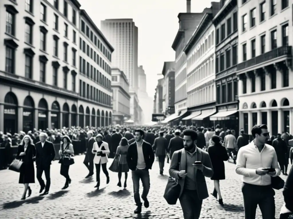 Una calle de la ciudad llena de gente, donde la historia del smartphone revolución se entrelaza con la arquitectura histórica