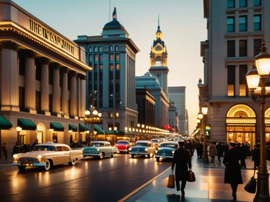 Una calle de la ciudad vintage con edificios bancarios ornamentados y el bullicio de personas al anochecer