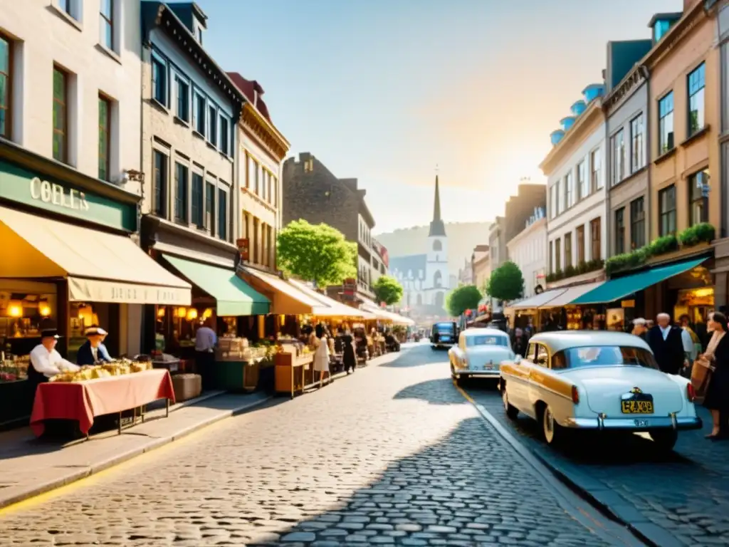 Una calle vintage llena de tiendas y cafés, con gente y coches antiguos