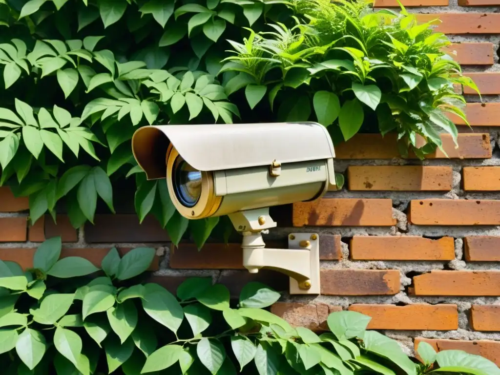 Una cámara de seguridad vintage con detalles de latón y pátina en una pared de ladrillo envejecida, rodeada de vegetación