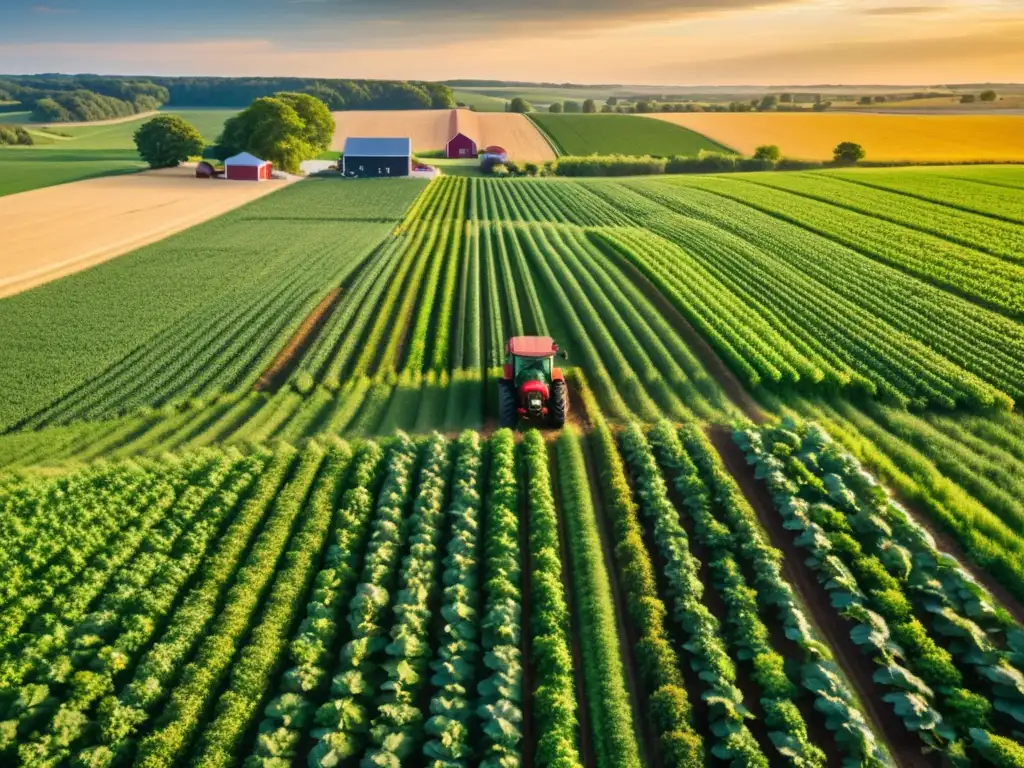 Un campo de cultivo verde exuberante con un tractor vintage arando la tierra, bajo el cálido sol