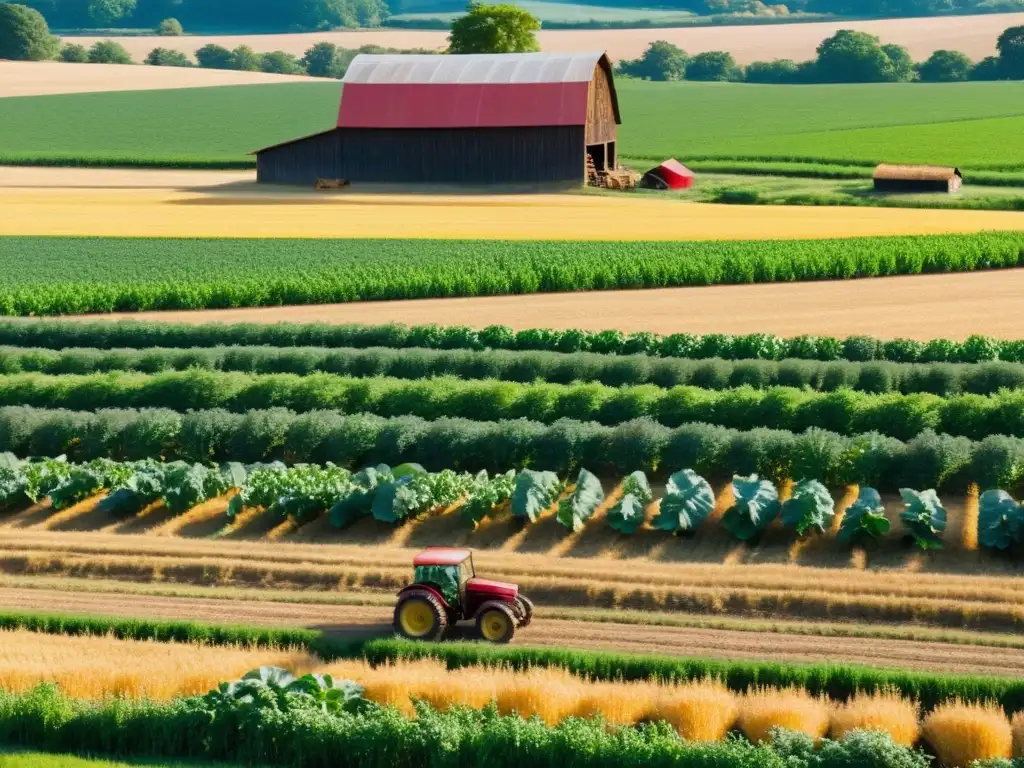 Un campo verde y soleado con una granja rústica y trabajadores, capturando la belleza de la agricultura