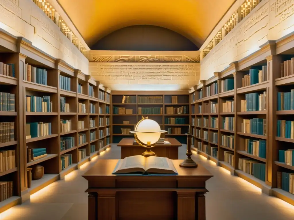 Scholars studying ancient texts by candlelight in the Library of Alexandria, evocando la historia y la innovación de la Biblioteca de Alejandría