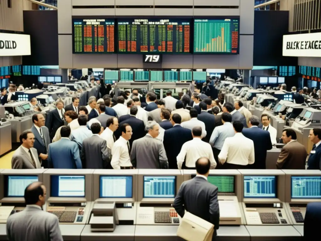 Caótico trading floor de los años 80, con traders y computadoras, reflejando el desarrollo histórico del Blockchain