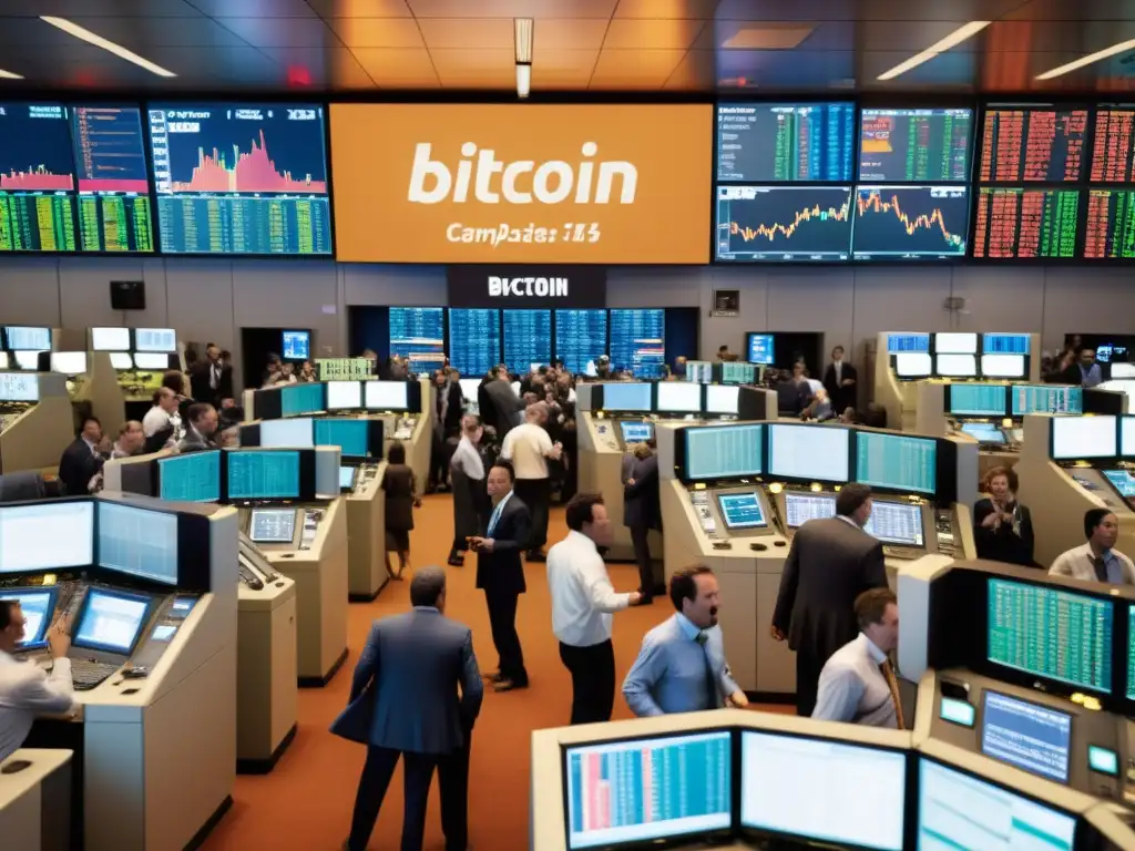 Caótico trading floor de los primeros días de Bitcoin, con traders frenéticos y monitores vintage