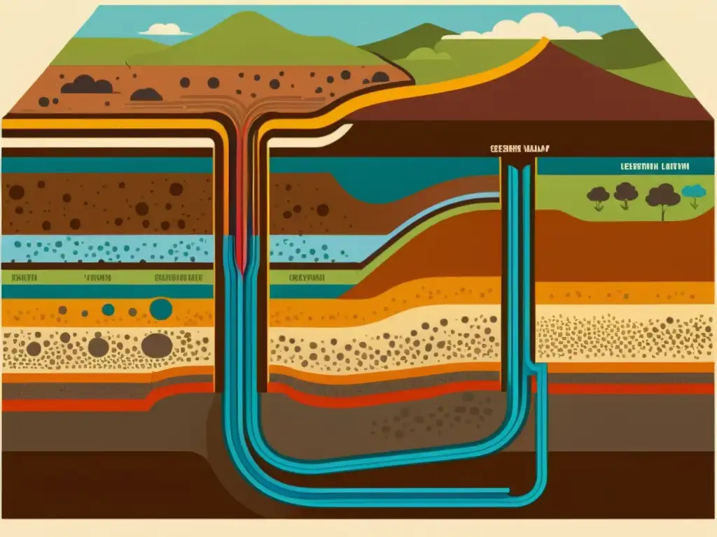 Una ilustración vintage muestra las capas de la Tierra y la tecnología de bombas de calor geotérmicas