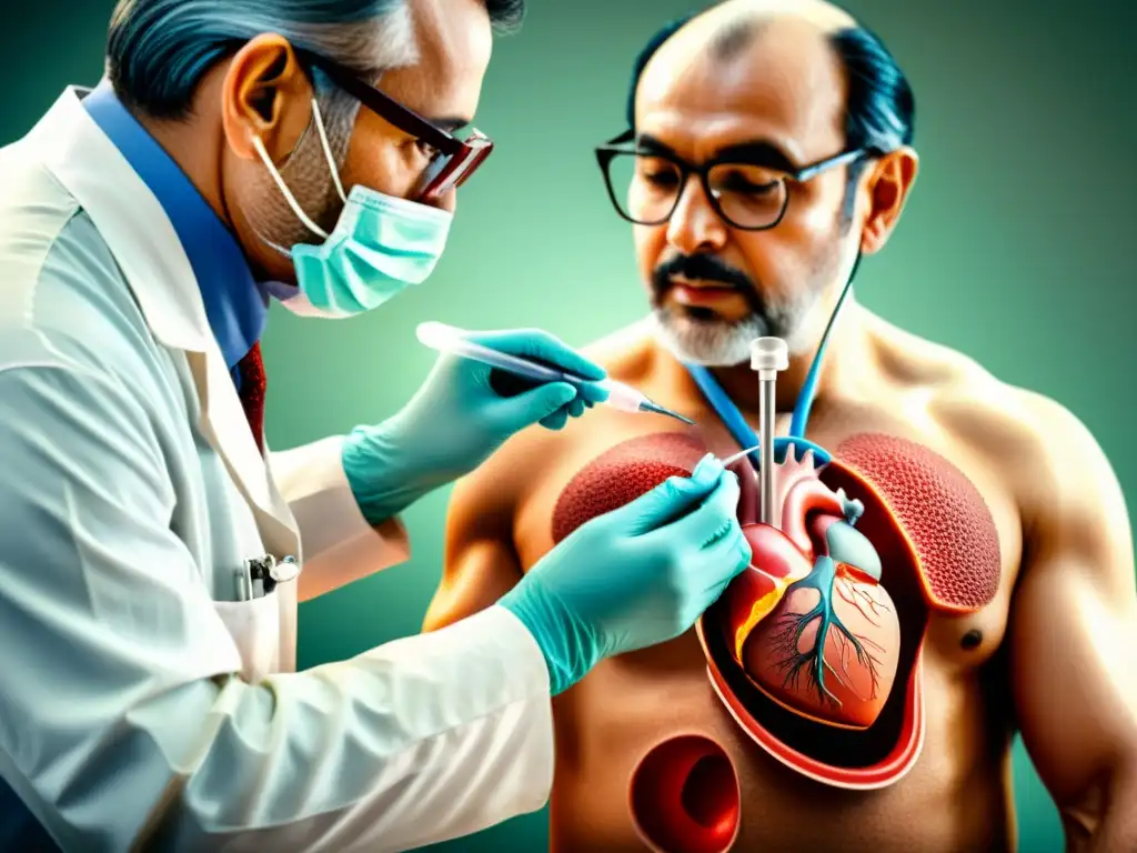Inyección de células madre en el corazón: ilustración vintage Un cardiólogo inyecta con cuidado células madre en el músculo cardíaco de un paciente, mostrando la aplicación terapéutica de las células madre en cardiología