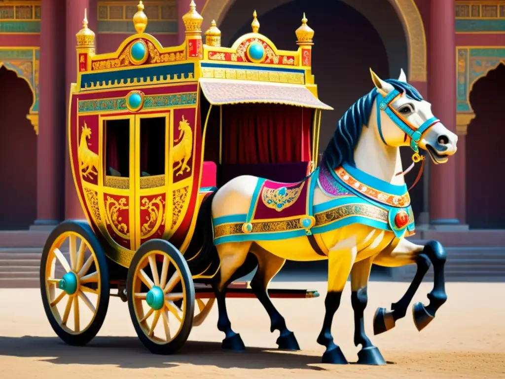 Una carroza antigua adornada con oro y colores vibrantes es tirada por magníficos caballos en una bulliciosa ciudad antigua