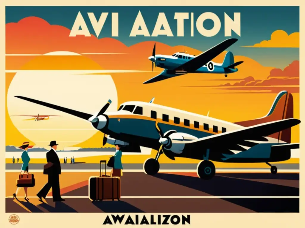 Un cartel vintage muestra un bullicioso aeropuerto de mediados del siglo XX con aviones de hélice, pasajeros elegantes y equipaje vintage