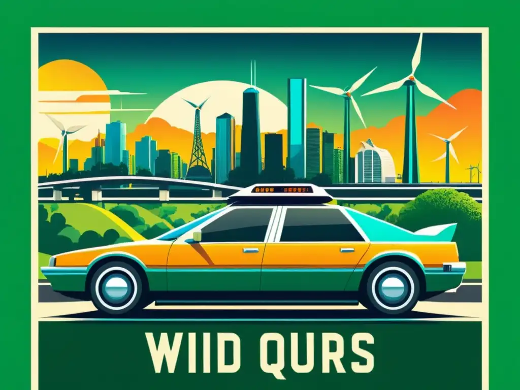 Un cartel vintage muestra una ciudad futurista con vehículos ecológicos