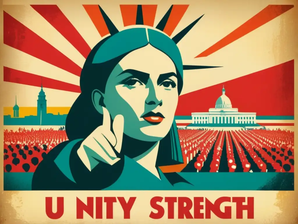 Cartel político vintage: Unión y determinación en la historia Un cartel vintage de propaganda política con diseño llamativo y colores vibrantes