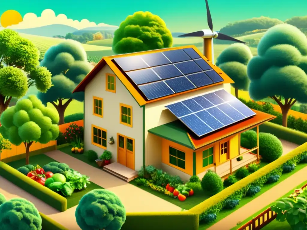 Una ilustración vintage de una casa autosuficiente con paneles solares y un molino de viento, rodeada de naturaleza exuberante