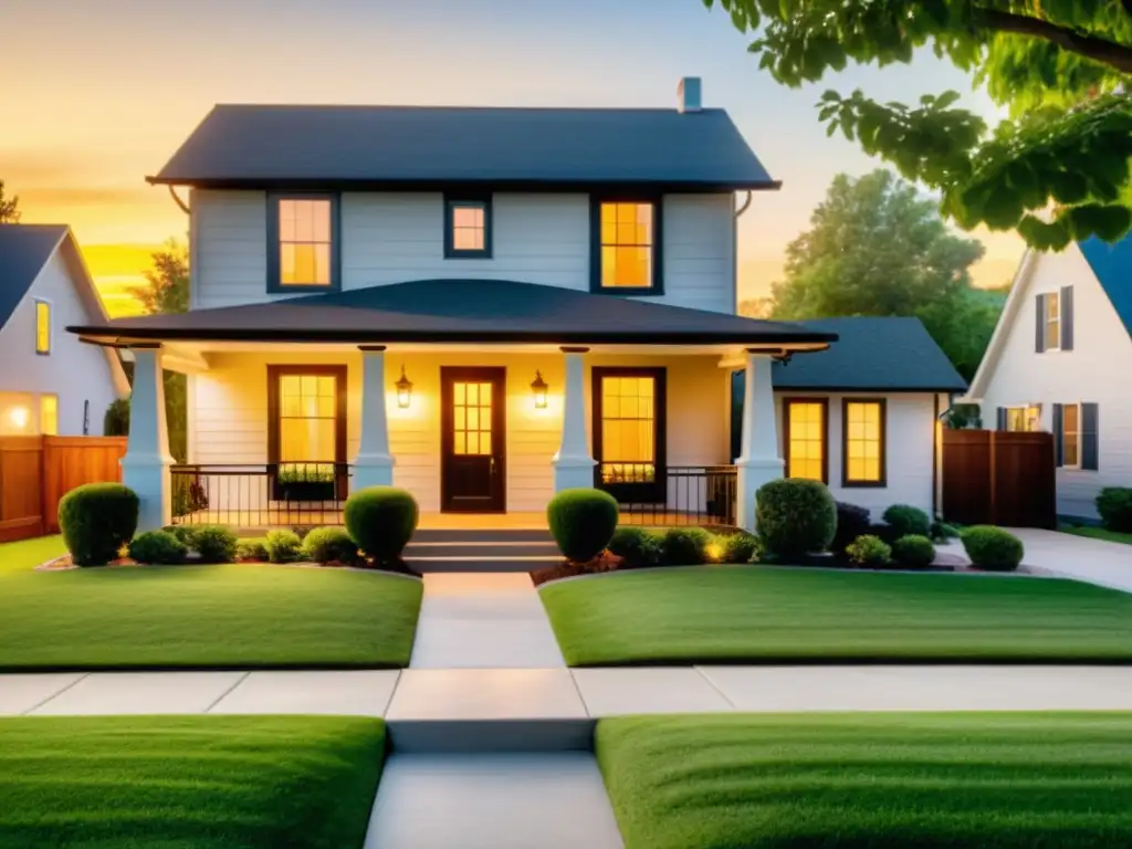 Una casa suburbana vintage al atardecer con dispositivos inteligentes para seguridad hogar integrados en su diseño clásico