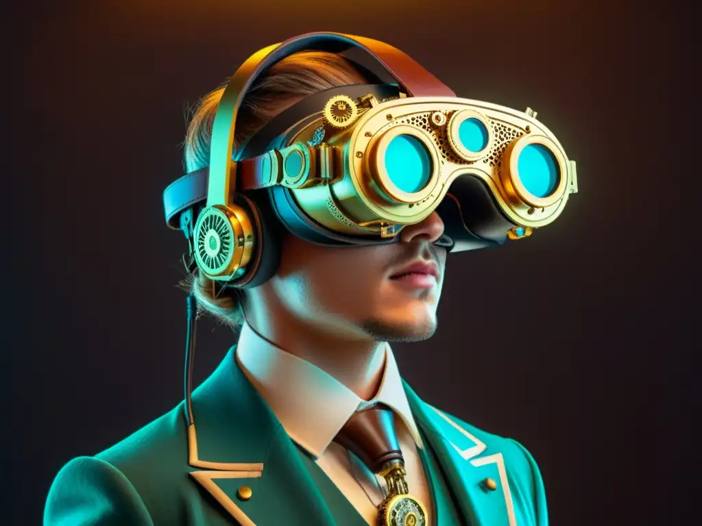 Realidad virtual steampunk: Fusión de lo antiguo y moderno Un casco de realidad virtual futurista de estilo victoriano con detalles de latón y cuero, rodeado de elementos tecnológicos antiguos y modernos