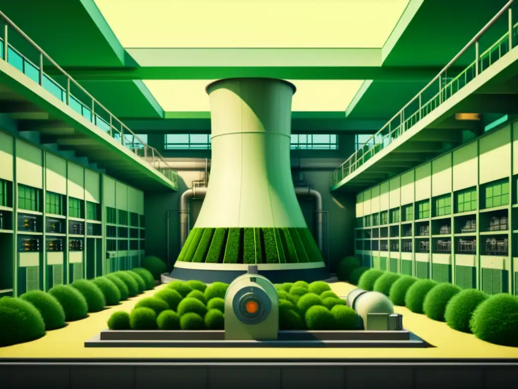 Una ilustración vintage de una central nuclear rodeada de exuberante vegetación, evocando la fisión nuclear como fuente energética