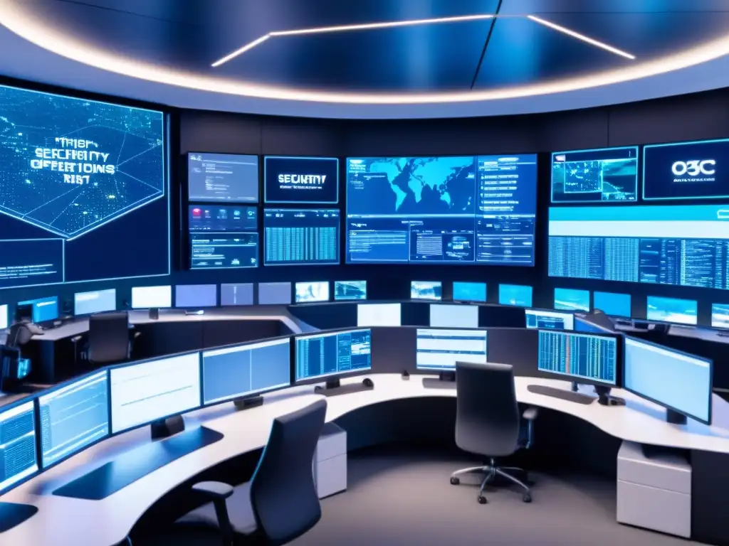 Centro de operaciones de ciberseguridad con IA, monitores en tiempo real y expertos protegiendo el mundo digital