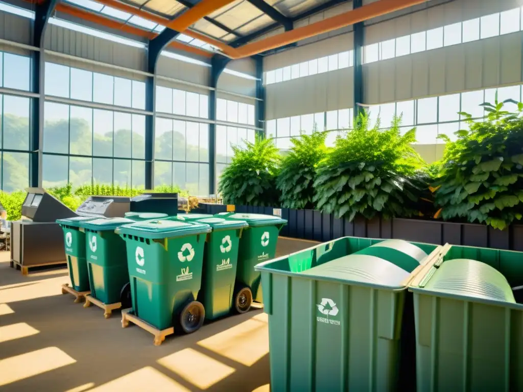 Un centro de reciclaje innovador en un mundo verde, con tecnologías de vanguardia y una atmósfera nostálgica y atemporal