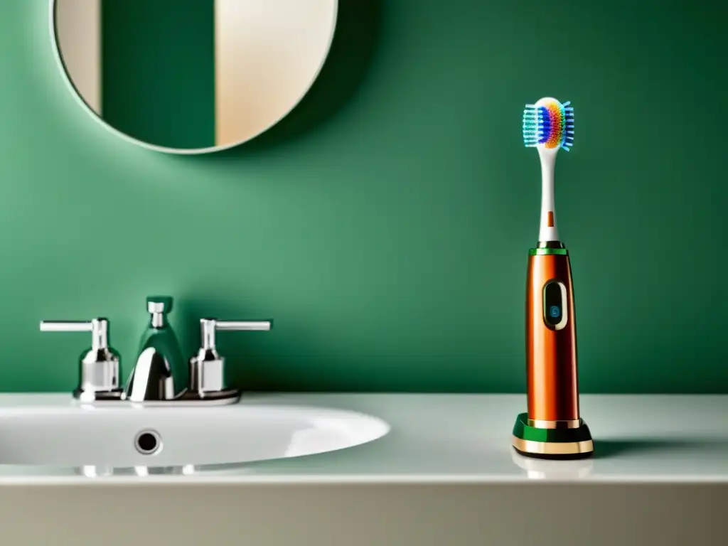 Un cepillo de dientes eléctrico retro con elegantes acentos cromados y un mango vibrante destaca en un elegante mostrador de baño