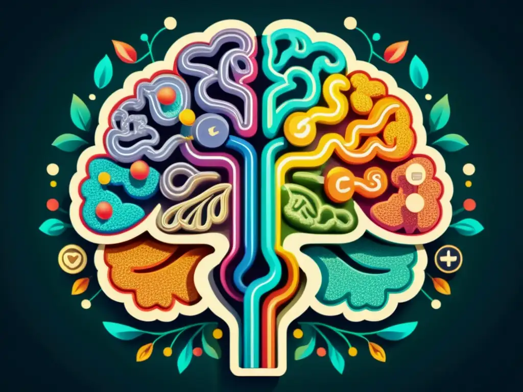 Ilustración vintage de un cerebro con detalles intrincados que muestran las vías de endorfinas y serotonina, rodeado de símbolos de bienestar y equilibrio