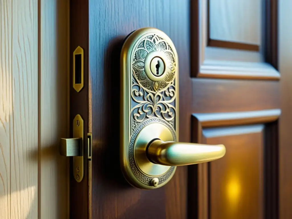 Una cerradura inteligente de latón vintage brilla elegantemente en una puerta de madera envejecida