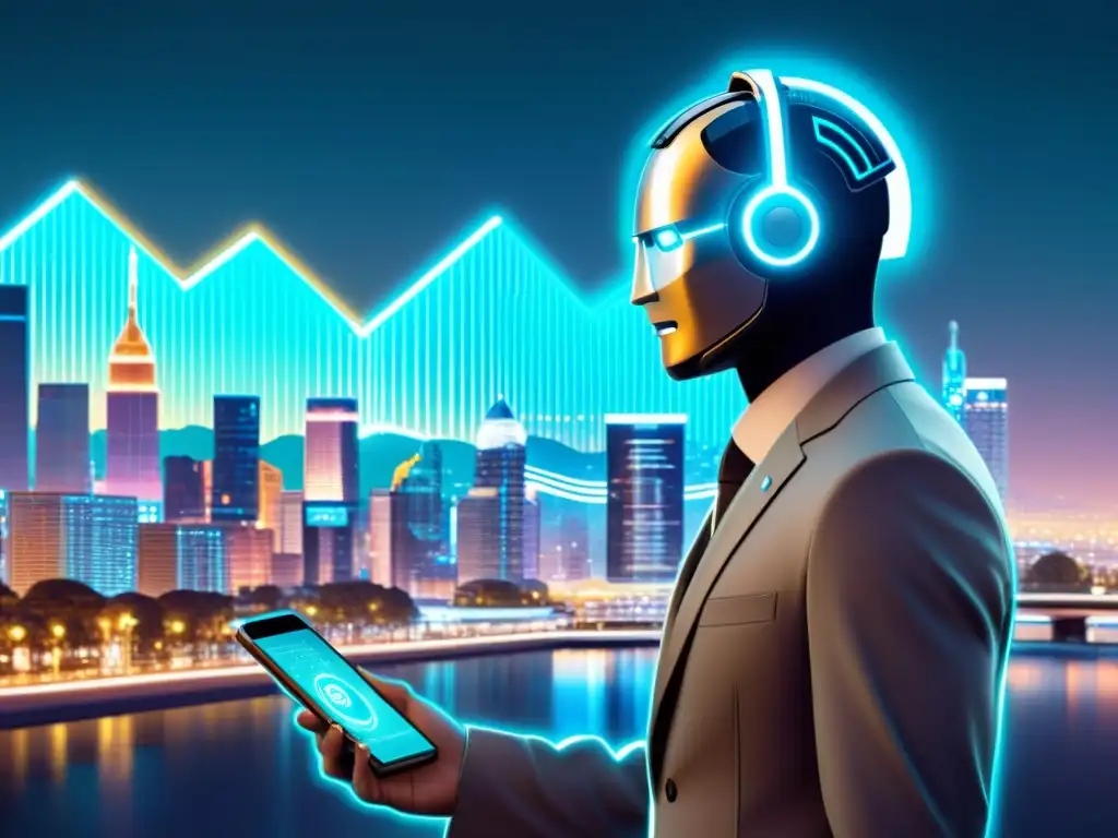 Un chatbot financiero del futuro interactúa con un cliente en una ciudad futurista con hologramas financieros