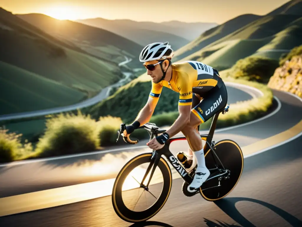 Un ciclista profesional en una carretera de montaña con fibra de carbono en ciclismo, bajo el cálido resplandor dorado del atardecer