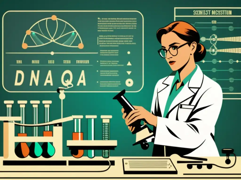 Un científico manipula ADN bajo microscopio en un laboratorio vintage