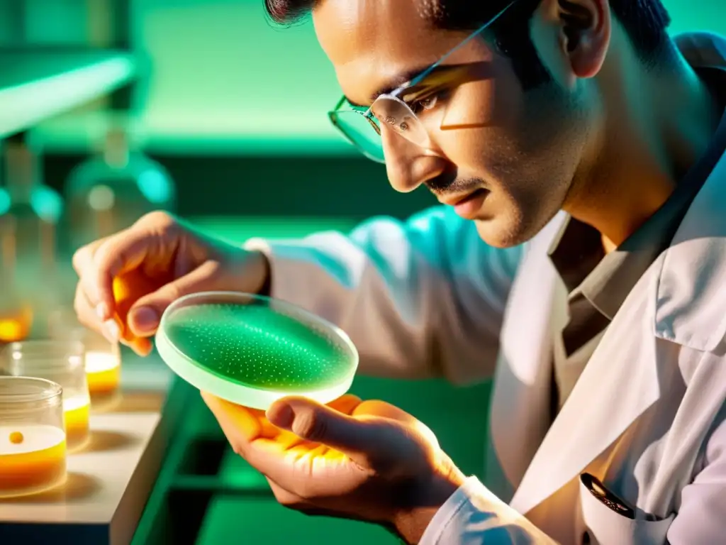 Exploración de células madre: Precisión y promesa en la ciencia Un científico en bata de laboratorio manipula con cuidado una placa de Petri con células madre, iluminado con luz suave y cálida