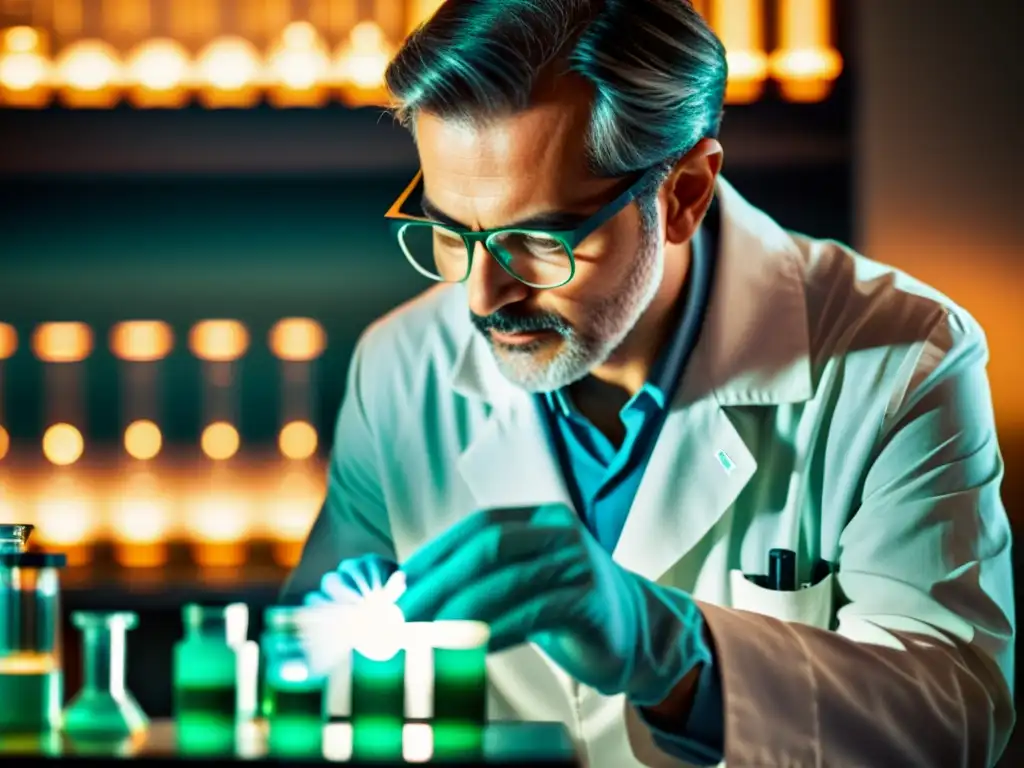 Un científico en bata de laboratorio examina con cuidado nanopartículas brillantes bajo el microscopio, en un laboratorio vintage