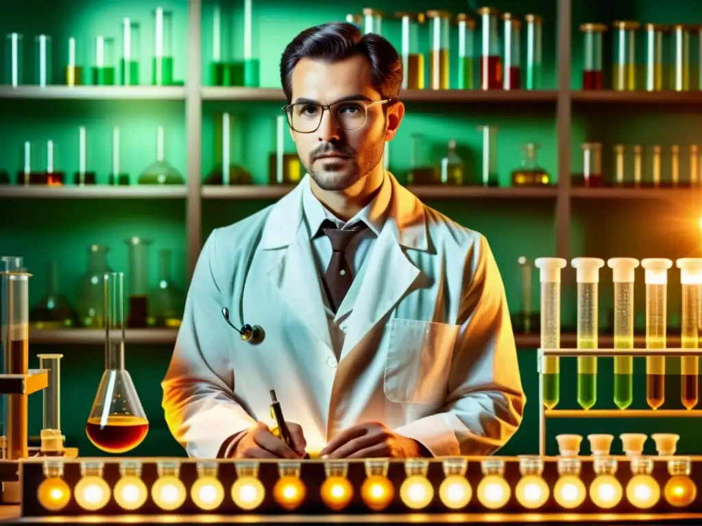 Un científico en bata de laboratorio trabaja con tubos de ensayo y material genético en un laboratorio vintage, con un ambiente de descubrimiento científico y avance en el campo del ADN recombinante en medicina moderna